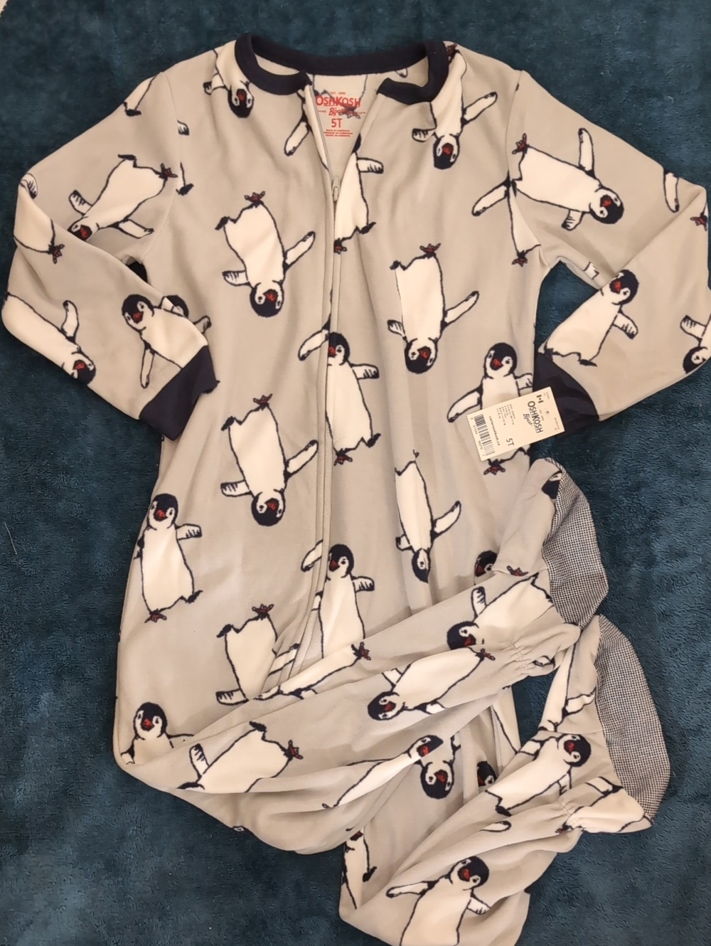 OshKosh B'gosh Light Gray Penguin Footie Pajamas with Navy Trim
